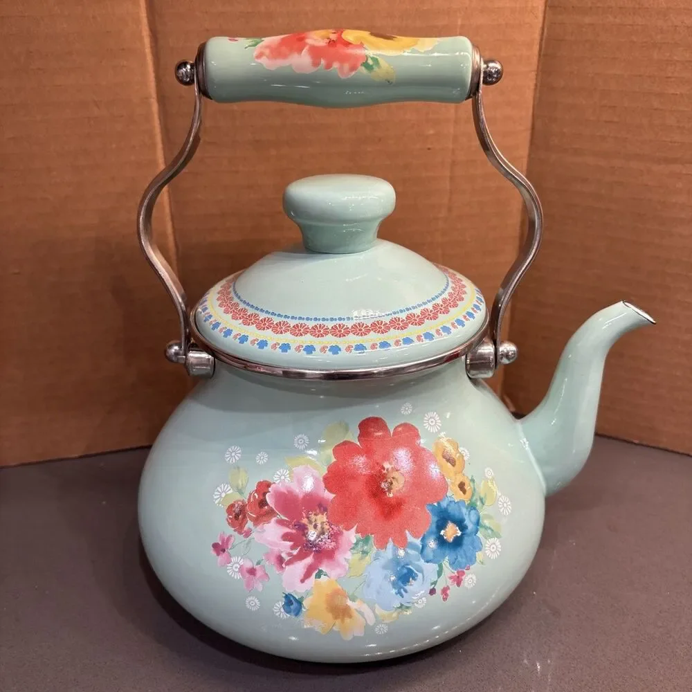 Teapot Pioneer Woman Breezy Blossom Enamel Steel 1.9 Qt Stovetop Tea Kettle - Picture 1 of 16
